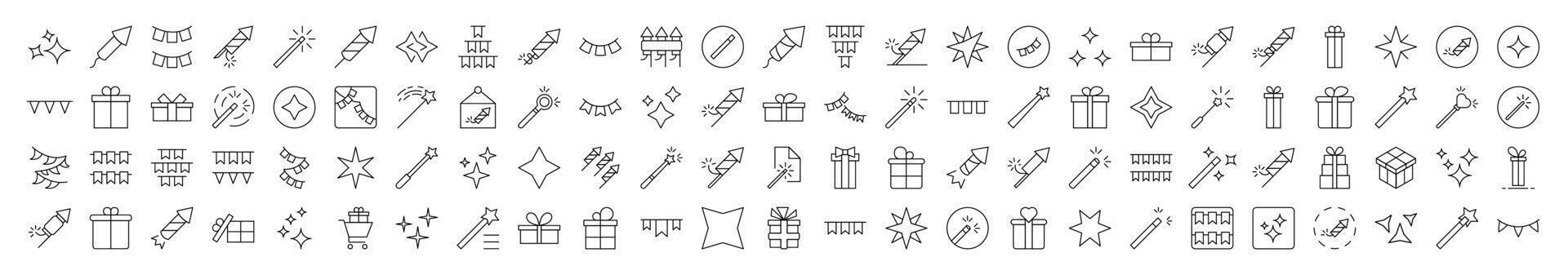 Collection of Icons of Holidays, Garlands, Magic Wand, Firework Drawn with Thin Line for apps, web sites, banners, infographics and other types of design vector