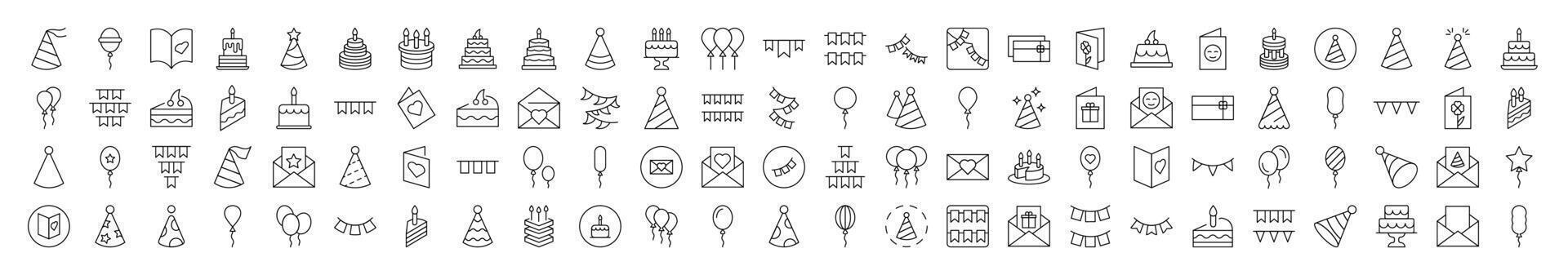 Cake, Holiday Hat, Postcard, Garland, Balloon Icon Set for UI, Placards, Books, Apps. Editable Stroke. Suitable for Web Sites, Books, Cards, Apps vector