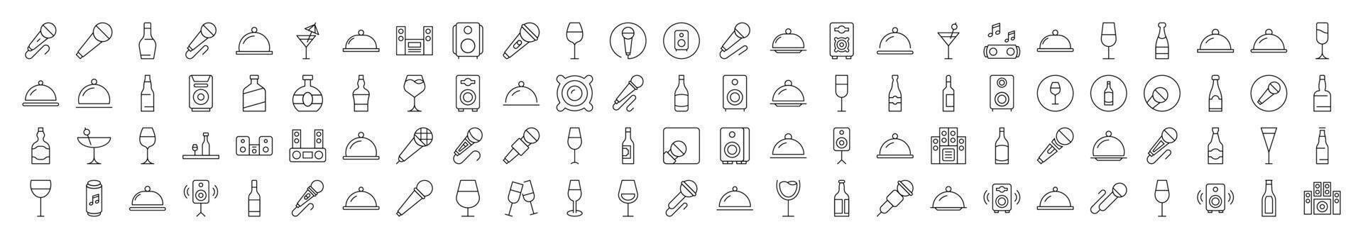 Cocktail, Bowl with Cloche, Bottle, Loud Speaker Editable Strokes Drawn with Thin Line. Collection of Various Design Elements that Can Be Used for Apps, Articles, Web Sites, Social Media vector