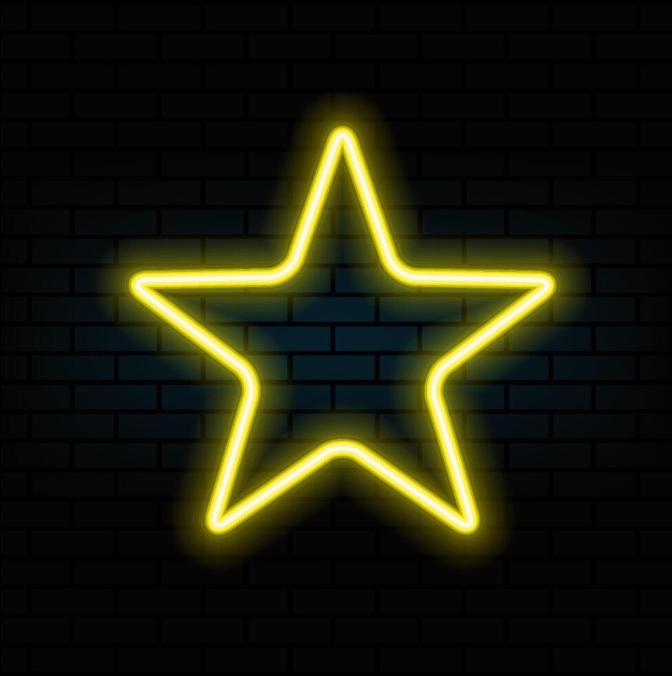 Gradient neon star, red-yellow glowing border isolated on a dark background. Colorful night banner, light effect. Bright illuminated shape..yellow vector
