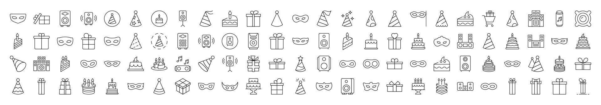 Musical Center, Cake, Masquerade Mask, Gift, Present Outline Style Icons for Design, Cards, Apps, Social Networks vector