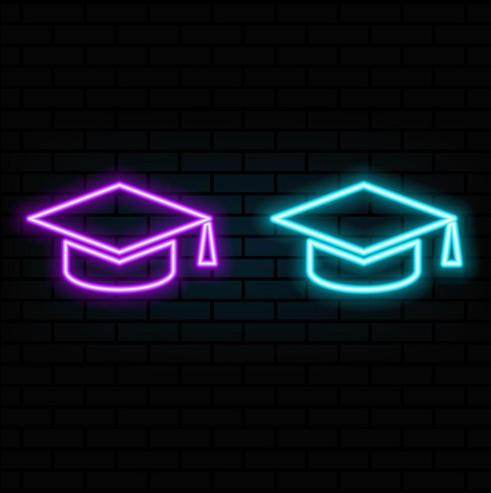 Neon light. Graduation cap sign icon. Higher education symbol. Glowing graphic design. Brick wall. .blue color vector