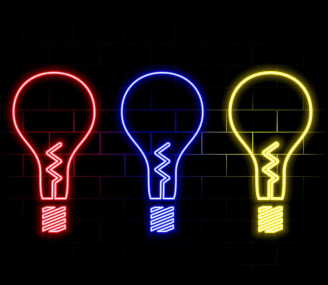 Outline neon electric lamp icon. Glowing neon lamp frame with lightning sign, flash idea pictogram. Electric energy and fuel, electrical charge power, creative solution. icon set vector