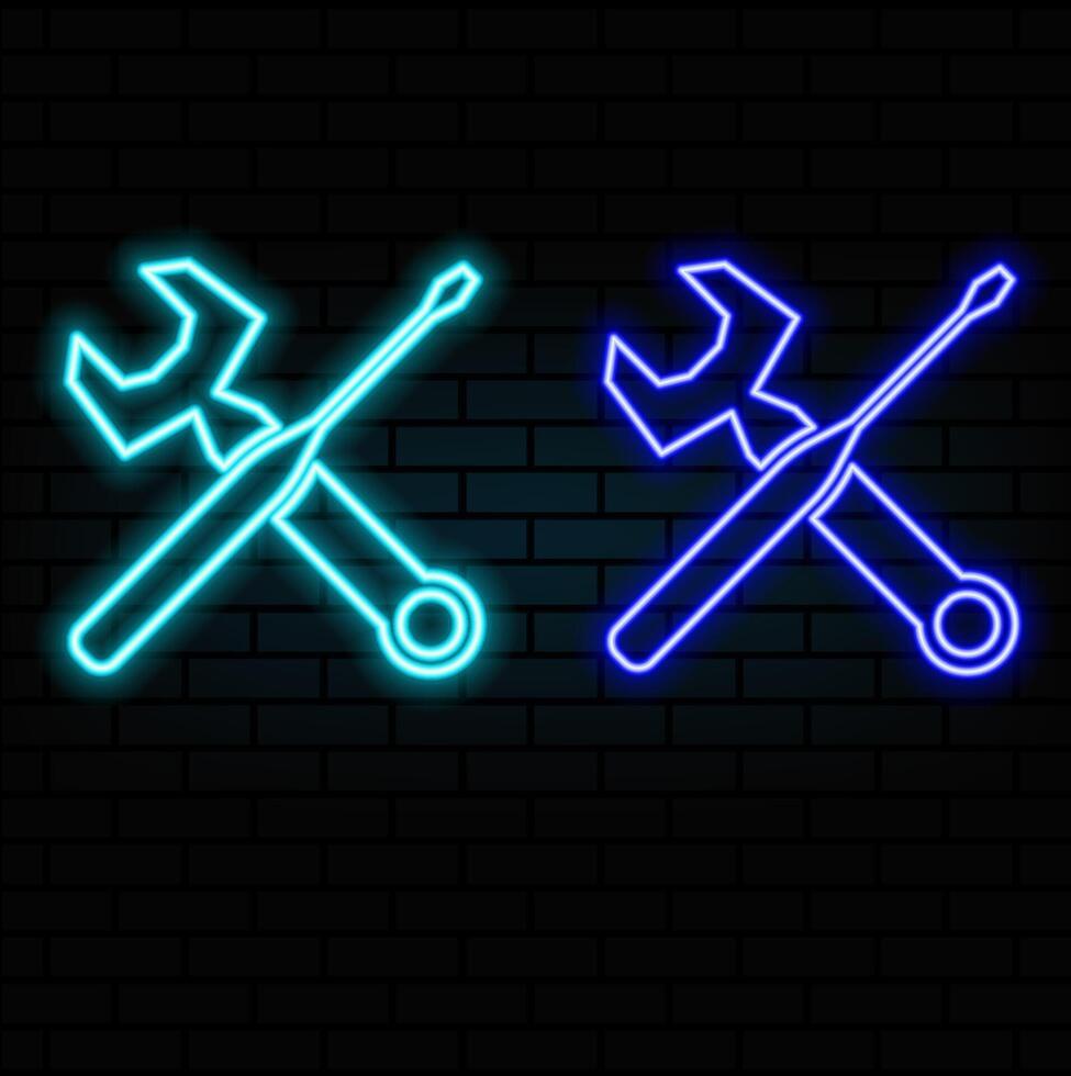 Neon light speech bubble. Hammer and screwdriver line icon. Repair service sign. Fix instruments symbol. Neon light background. Hammer tool glow line. Brick wall banner. .blue vector