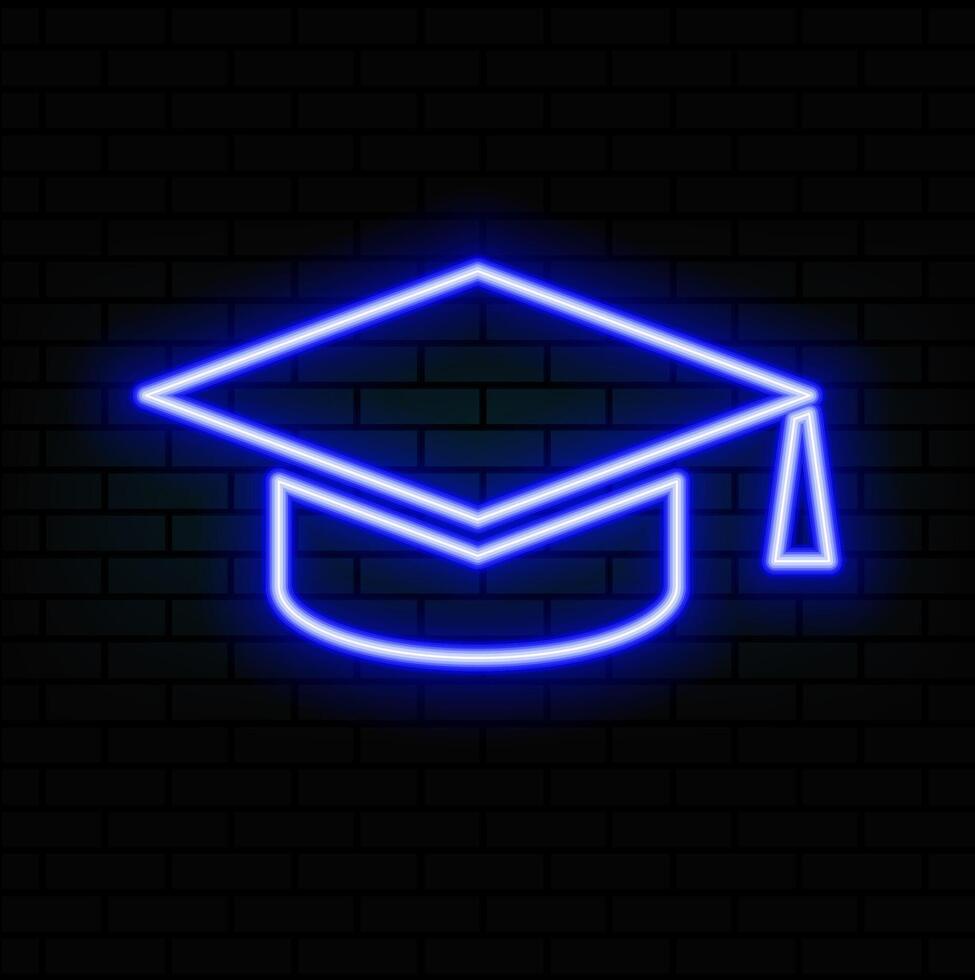 Neon light. Graduation cap sign icon. Higher education symbol. Glowing graphic design. Brick wall. .blue vector