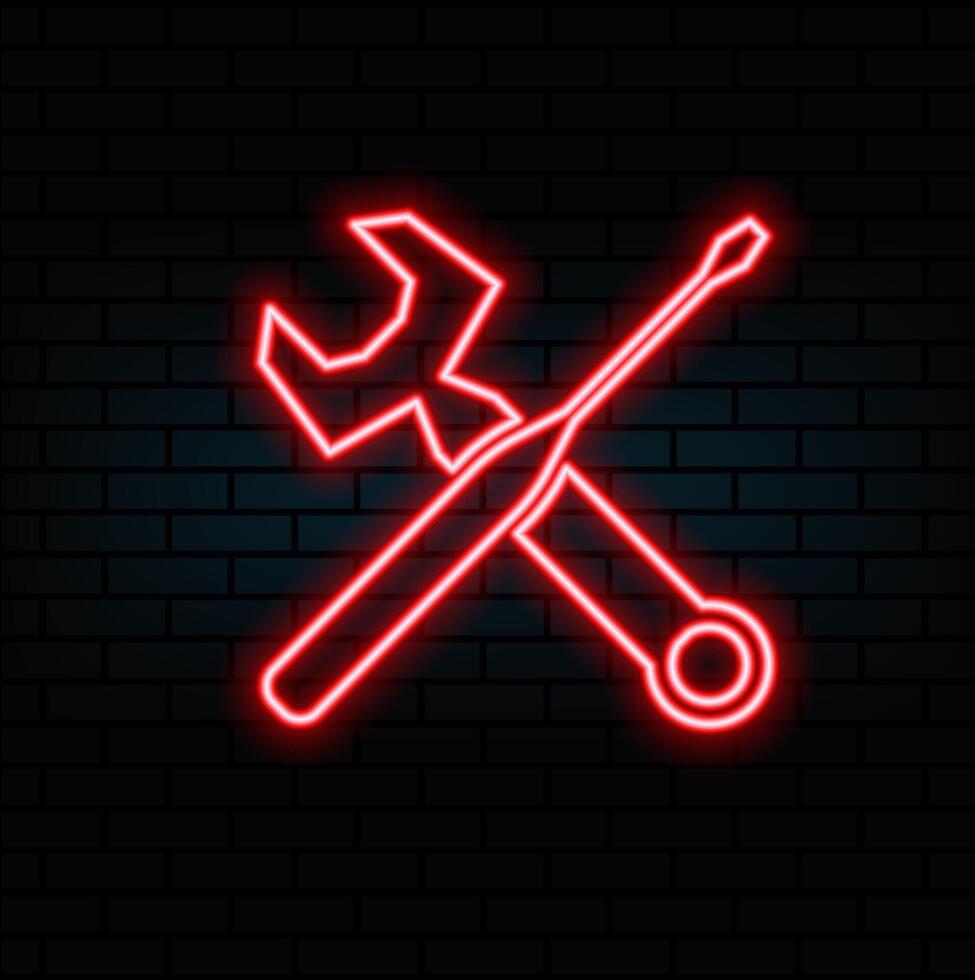 Neon light speech bubble. Hammer and screwdriver line icon. Repair service sign. Fix instruments symbol. Neon light background. Hammer tool glow line. Brick wall banner. .red vector