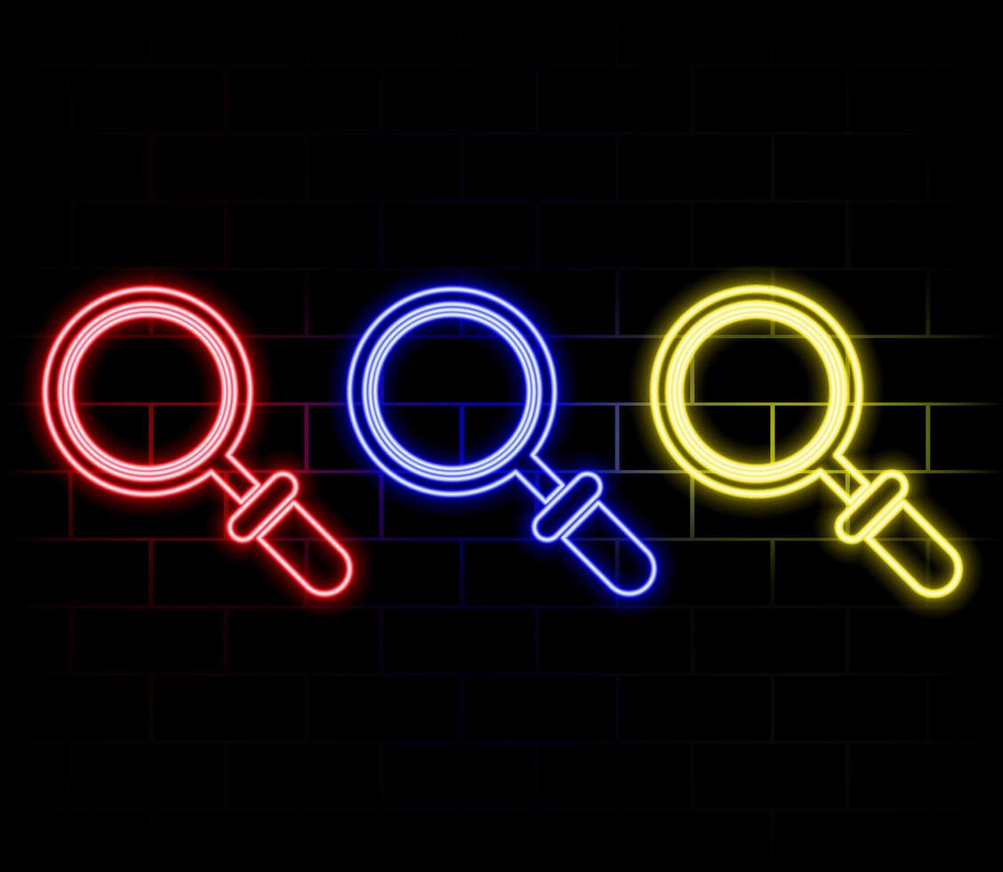 Magnifying Glass Icon Neon Light in many colors.Magnifying glass icon with glowing neon line isolated on black background. Zoom, search, and business symbol. vector