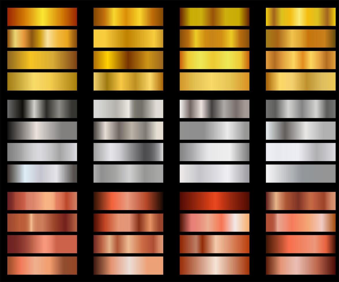 Gold, bronze and silver gradient set, golden squares collection, texture group, background set. vector