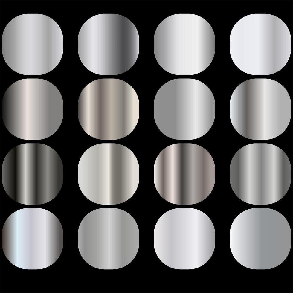 Collection of silver, chrome metallic gradient. Plates with shiny silver effect. Large set of luxury silver gradients. illustration vector