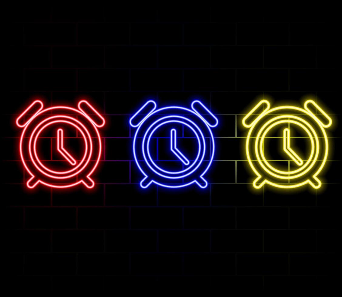 Alarm clock with bright glowing futuristic blue neon lights on black background. 3D icon, sign and symbol. Cartoon minimal style. 3D render illustration vector