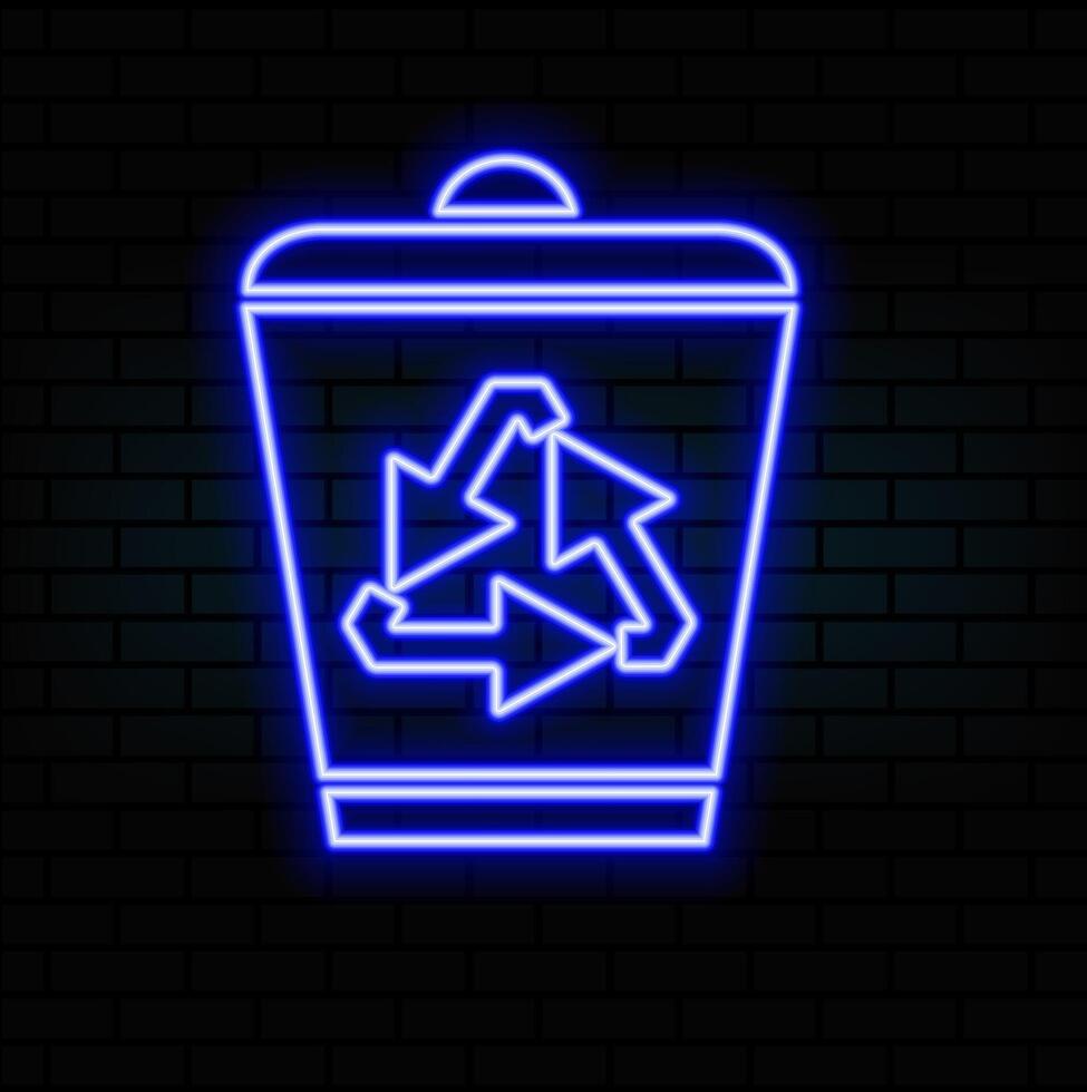 Glowing neon line Recycle bin with recycling symbol icon isolated on brick wall background. Recycle bin icon. Trash bin sign. Recycling basket sign. illustration.blue vector