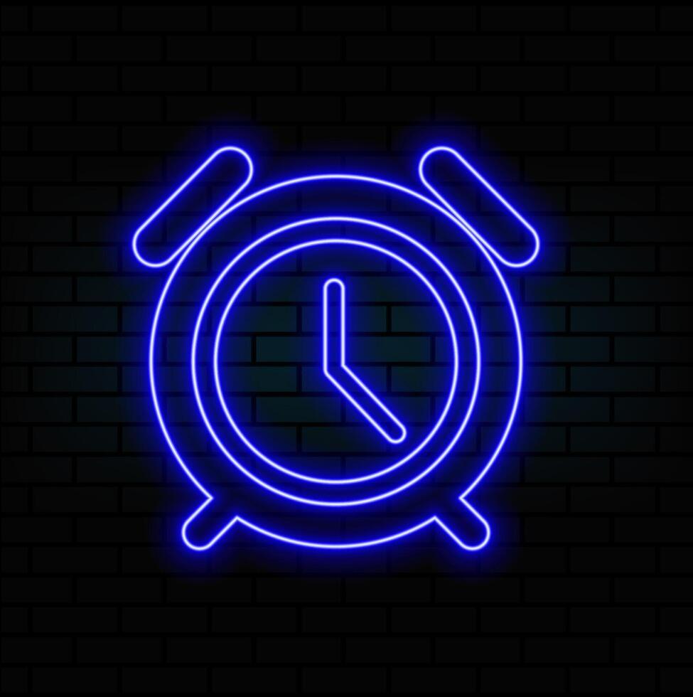 Alarm clock with bright glowing futuristic blue neon lights on black background. 3D icon, sign and symbol. Cartoon minimal style. 3D render illustration.blue vector