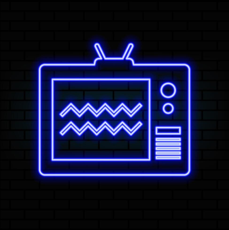 Glowing neon line Tv icon isolated on brick wall background. Television sign. Colorful outline concept. .blue vector
