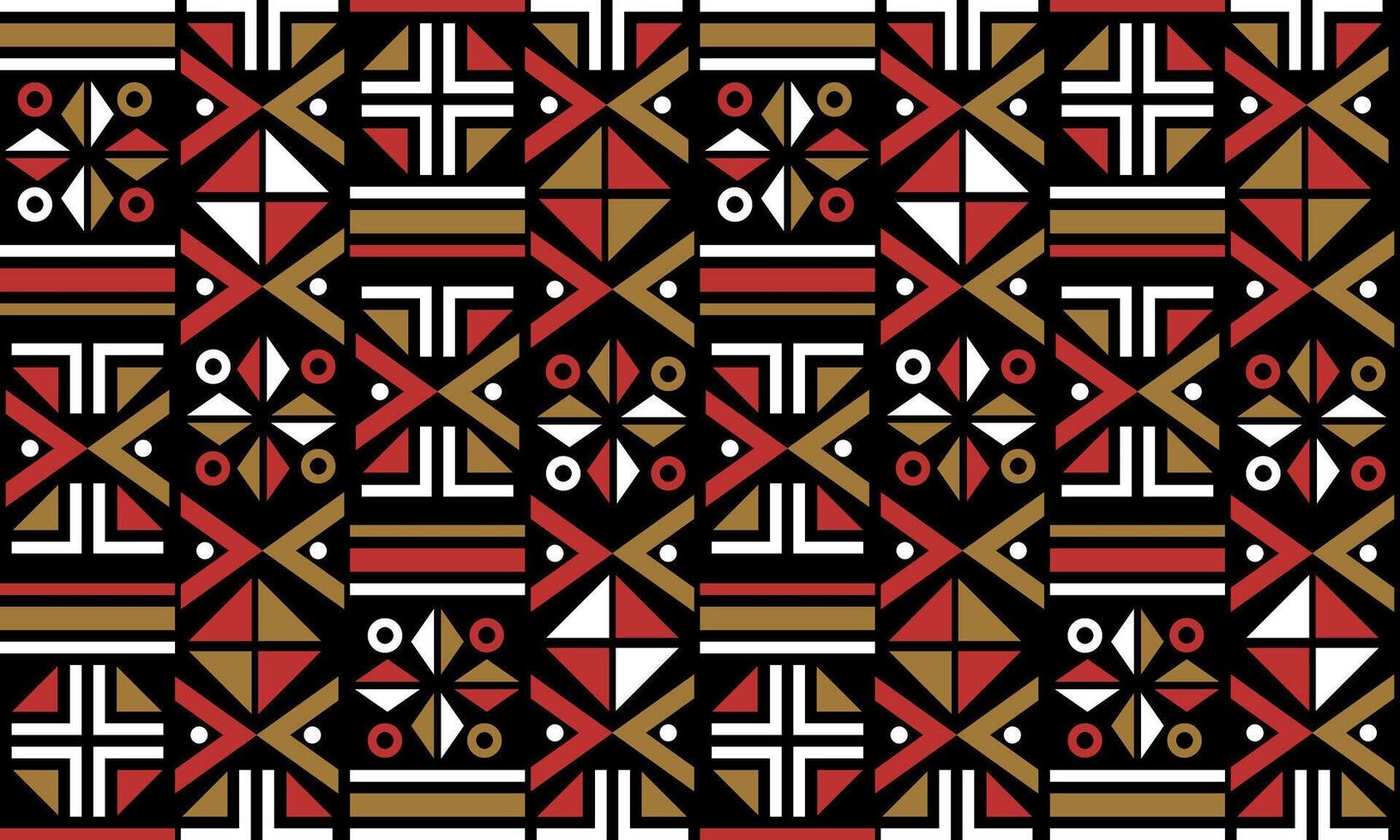 a detailed pattern create from geometric designs with red ,gold and white on black background , design for fabric or various pattern printing works. vector