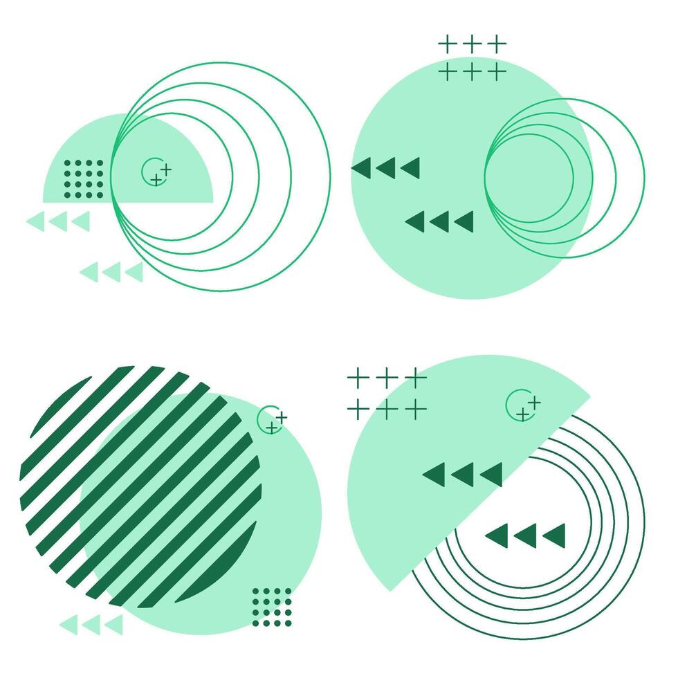 Set memphis geometric shape created from green semicircles and circle. vector