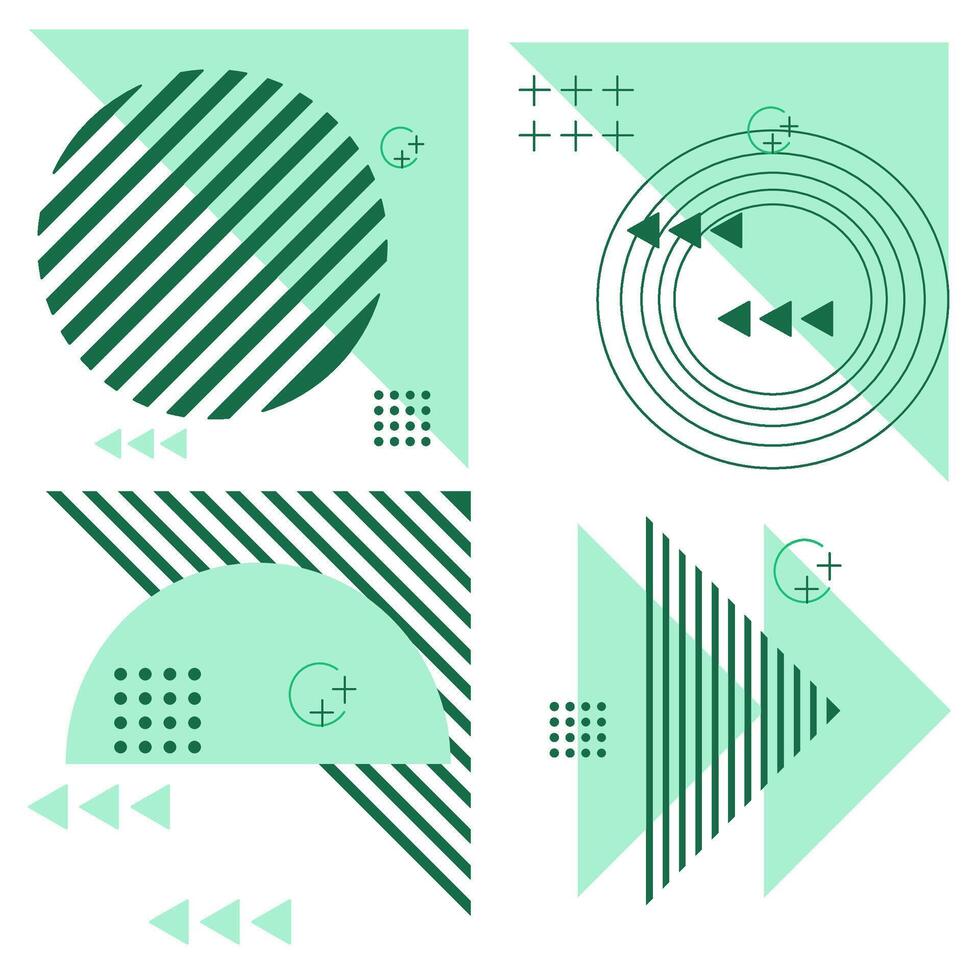 Set memphis geometric shape created from green semicircles ,circle and triangles. vector