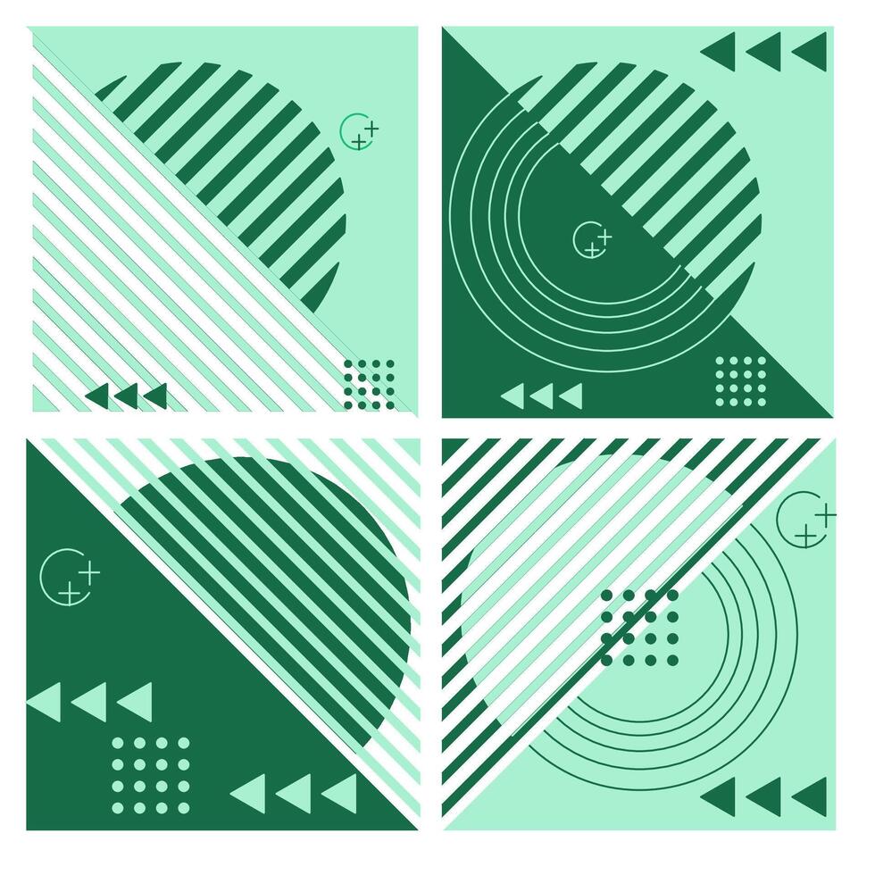 Set memphis geometric shape created from green semicircles and triangles. vector