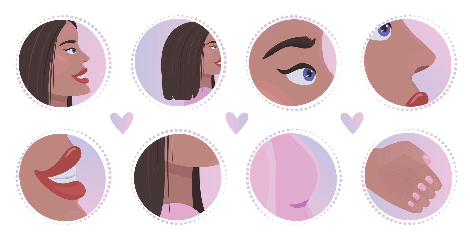 Woman body parts icon set, 8 gradient signs, round colorful illustration collection vector