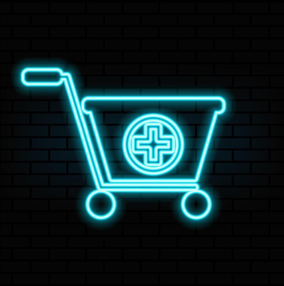 online shopping cart icon . with a plus sign. neon style..blue vector