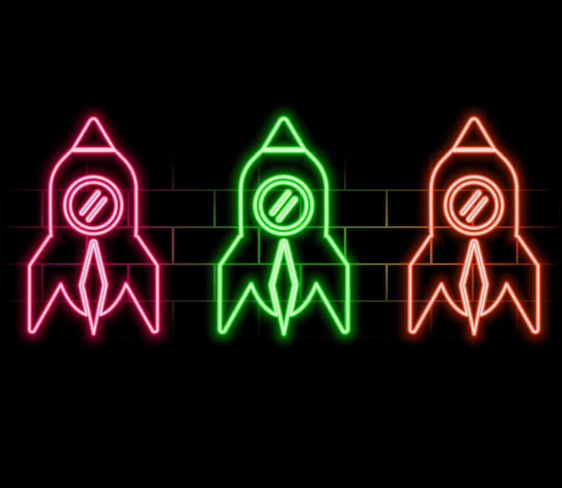 Neon light glow effect. Startup rocket line icon. Launch Project sign. Innovation symbol. 3d line neon glow icon. Brick wall banner. Startup rocket outline. .pink vector