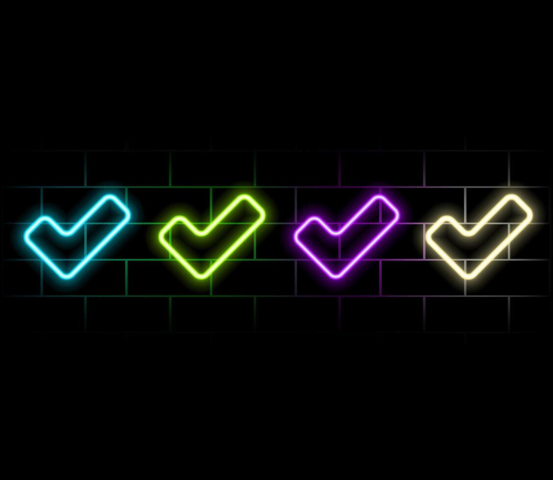 Outline neon Verified badge icon set. Glowing neon blue tick sign, approved checkmark. Verified user in social media, certified and original account, confirmed profile, verification mark. icons.green vector