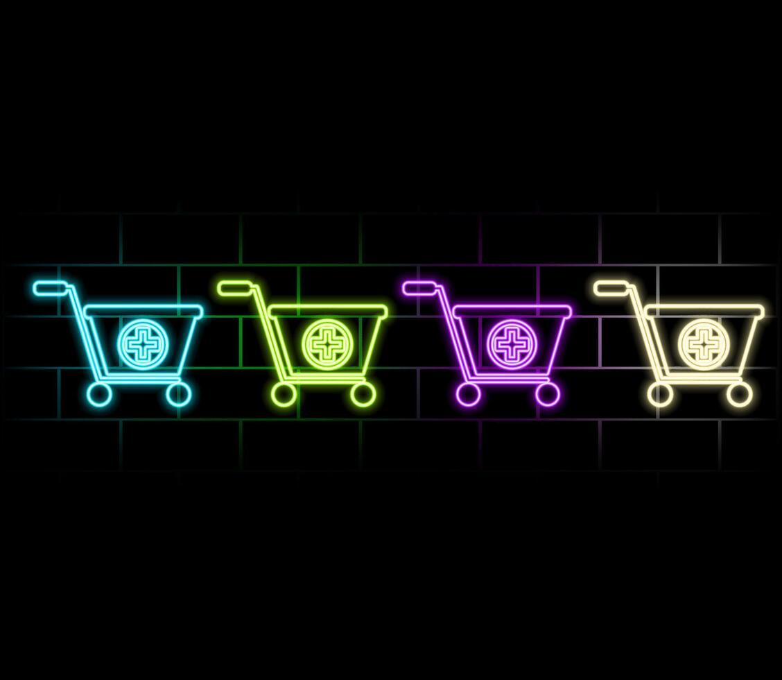 online shopping cart icon . with a plus sign. neon style..green vector