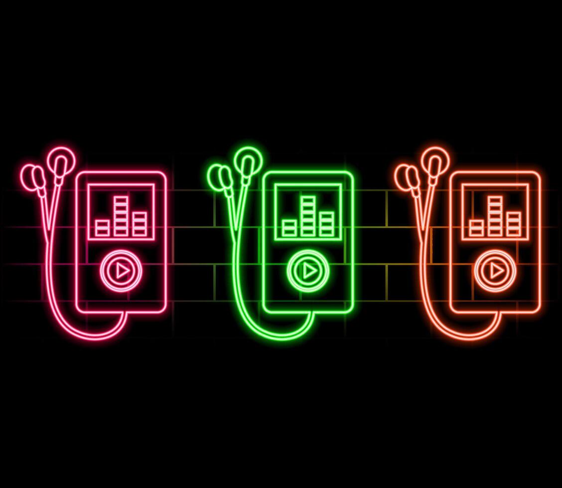 Glowing neon line Music player icon isolated on brick wall background. Portable music device. .pink vector