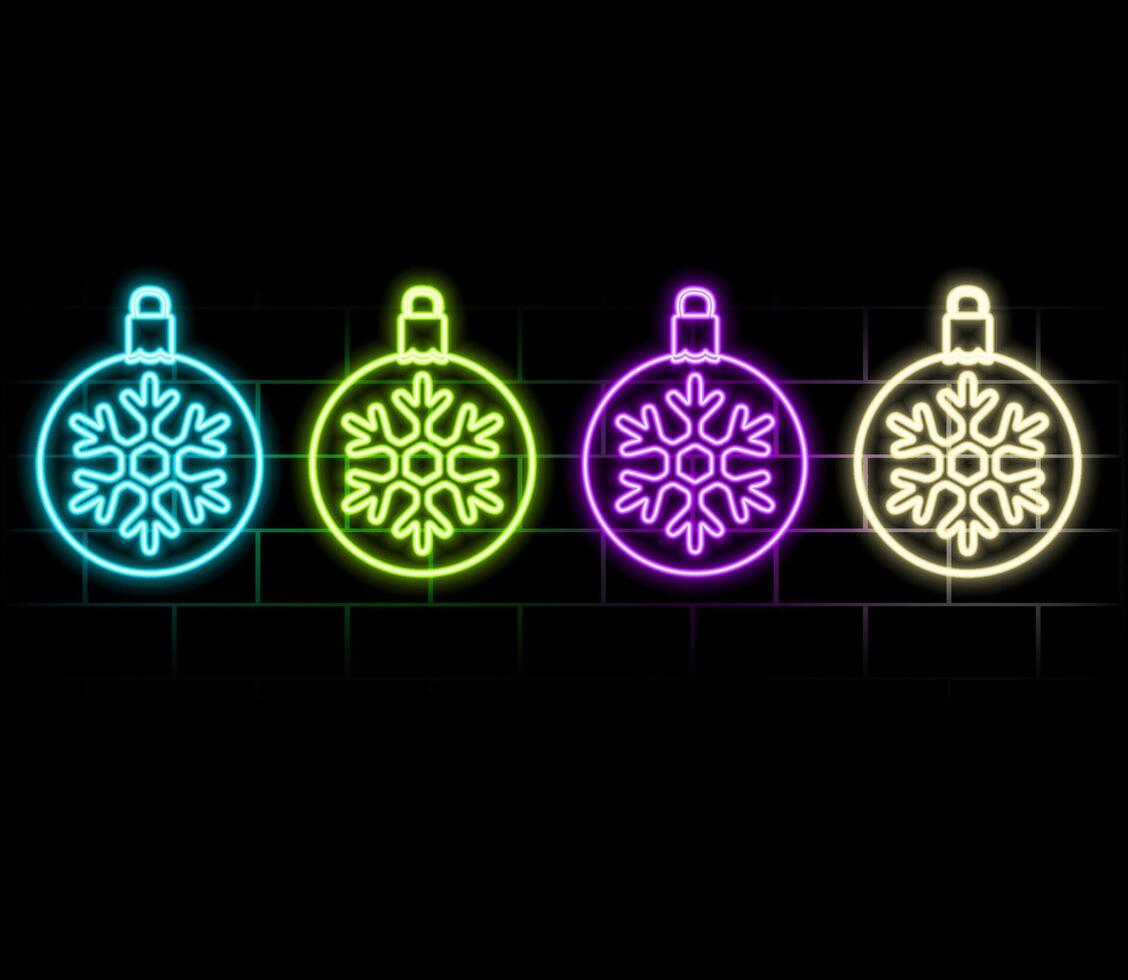 Neon Ball toy, Christmas and New Year decoration. Colorful festive Set of Neon Christmas ball with snowflake, outline style. Glowing icon, sign and symbol for Holiday design. illustration kit.green vector