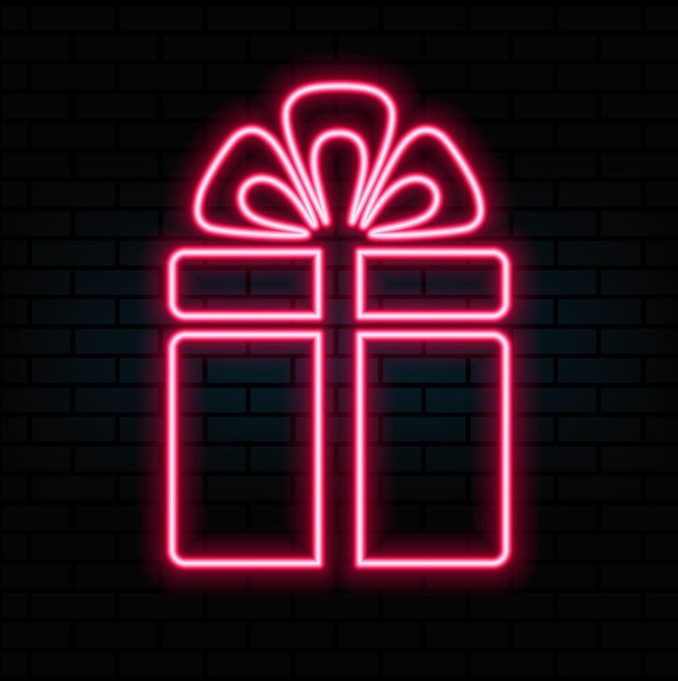 Neon Glowing Gift box icon. neon gift box. Gift box. Happy Birthday concept. Outer glowing effect banner on the black background..pink color vector