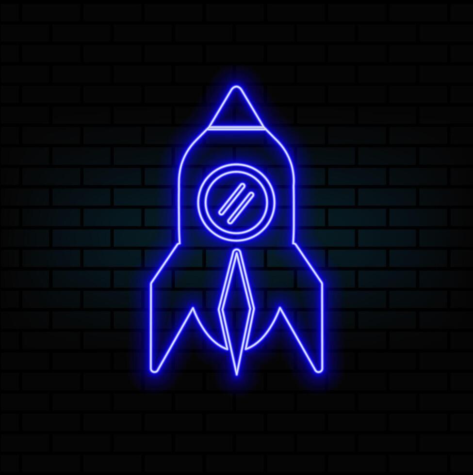 Neon light glow effect. Startup rocket line icon. Launch Project sign. Innovation symbol. 3d line neon glow icon. Brick wall banner. Startup rocket outline. .blue vector