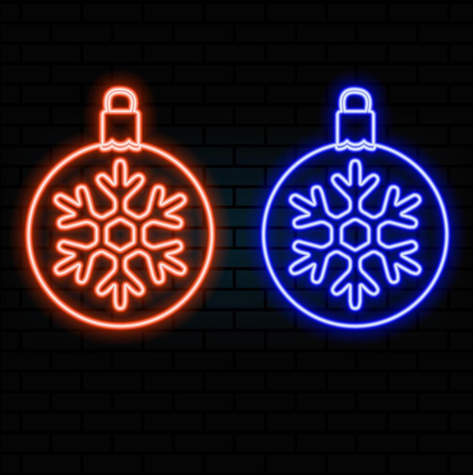 Neon Ball toy, Christmas and New Year decoration. Colorful festive Set of Neon Christmas ball with snowflake, outline style. Glowing icon, sign and symbol for Holiday design. illustration kit.blue vector