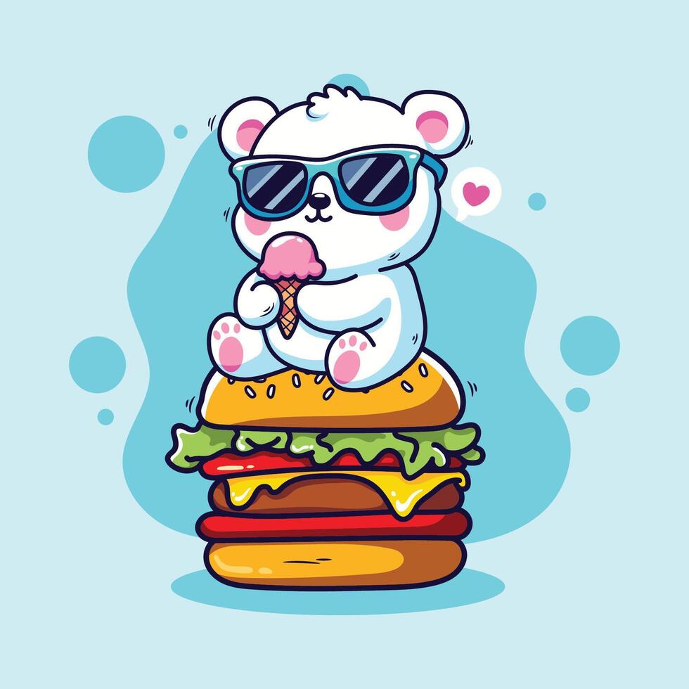Cute panda bear eating ice cream siting on a burger. illustration. vector