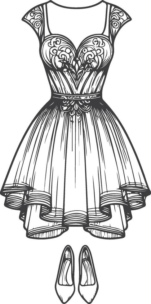A drawing of a dress and shoes vector