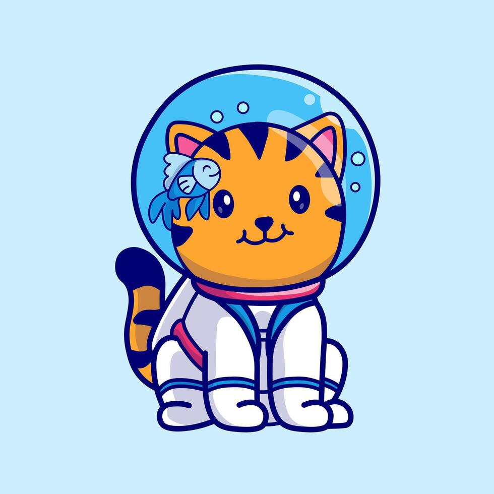 Cute Cat Astronaut Sitting With Fish In Helmet Cartoon vector
