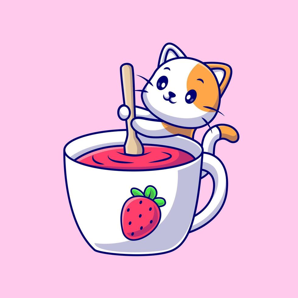 Cute Cat Mixing Strawberry in Cup Cartoon vector
