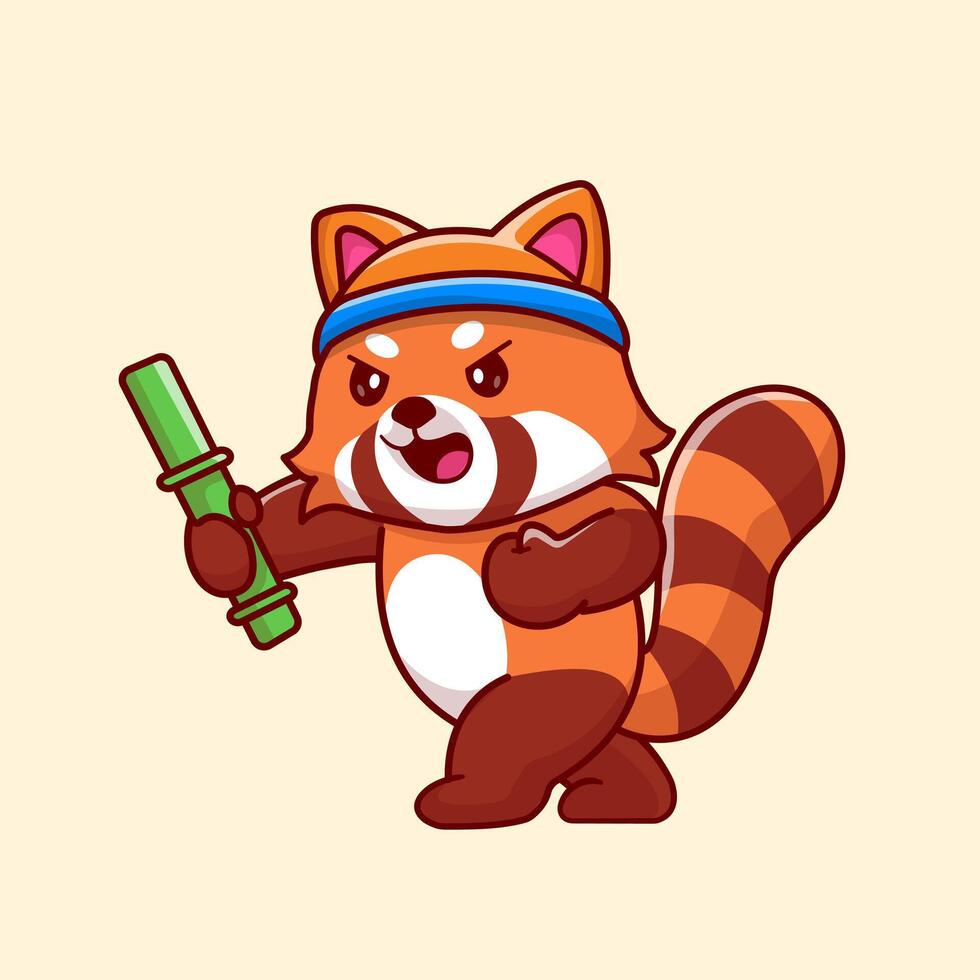 Cute Red Panda Fighting Use Bamboo Cartoon vector
