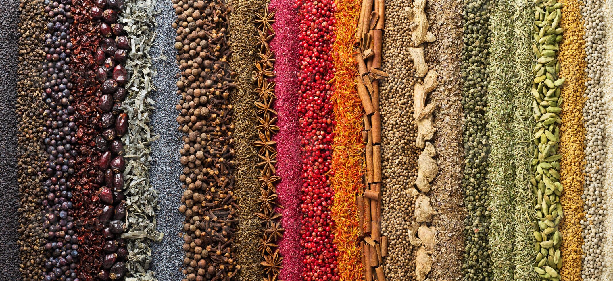 spices and herbs panoramic background. various seasonings are scattered on table. flavoring for design of website header or food packaging. photo