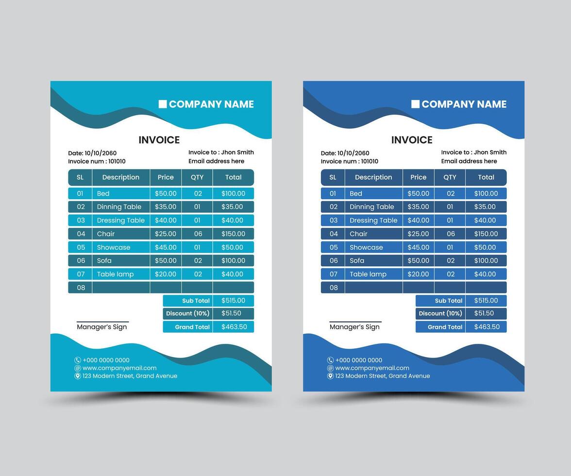 Creative and clean invoice design template created with abstract shapes and multiple colors vector