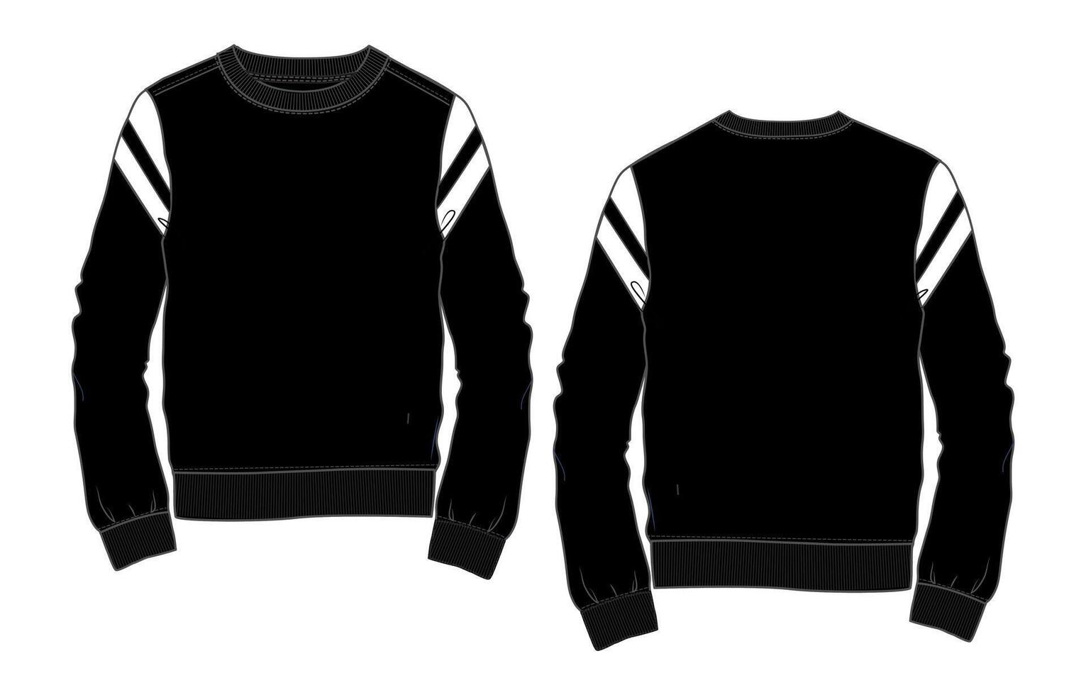 Black color long sleeve sweatshirt front and back with white stripes on sleeve isolated on white background vector