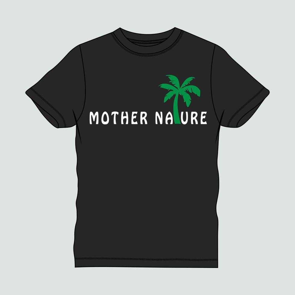Black color t shirt with chest print letter mother nature and palm tee. vector