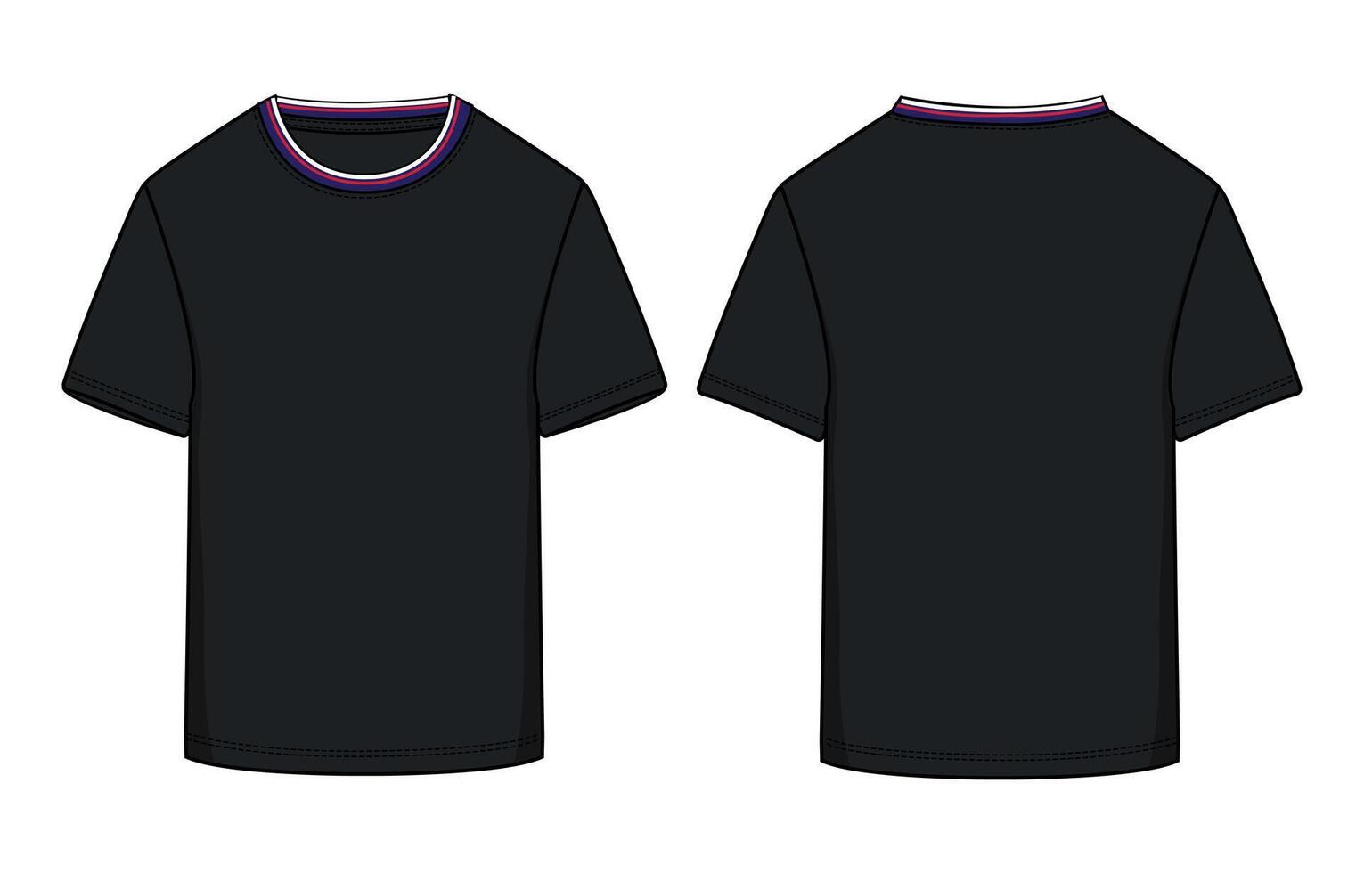 Black T shirt front and back with red, blue and white color strips on neck vector