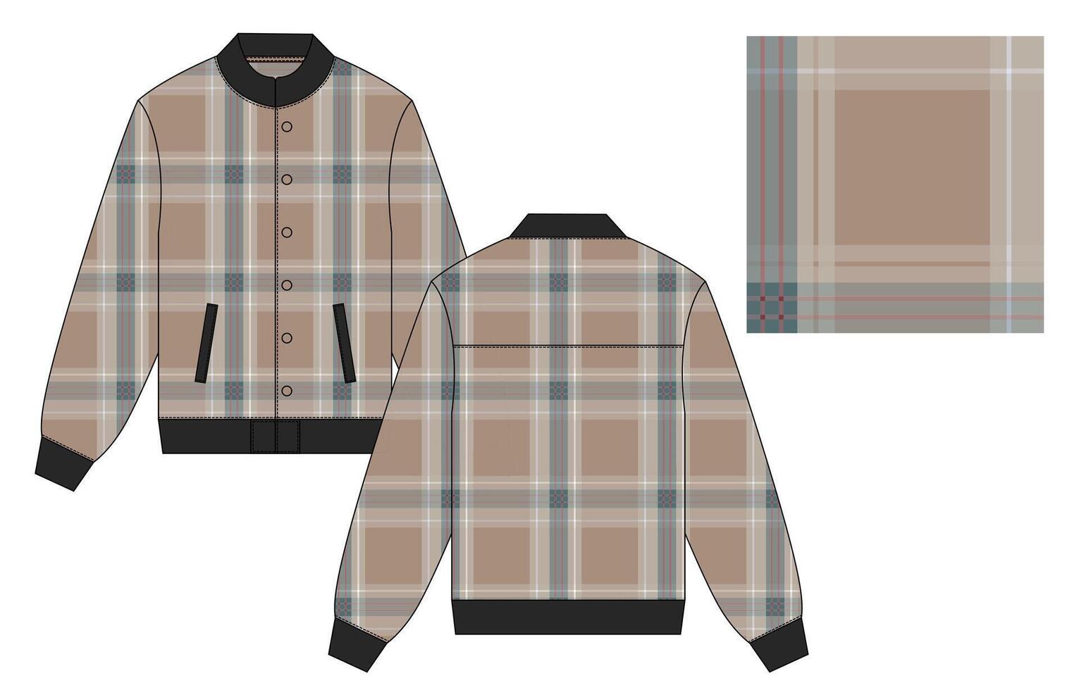 A plaid jacket with a black collar and a brown and white plaid pattern vector