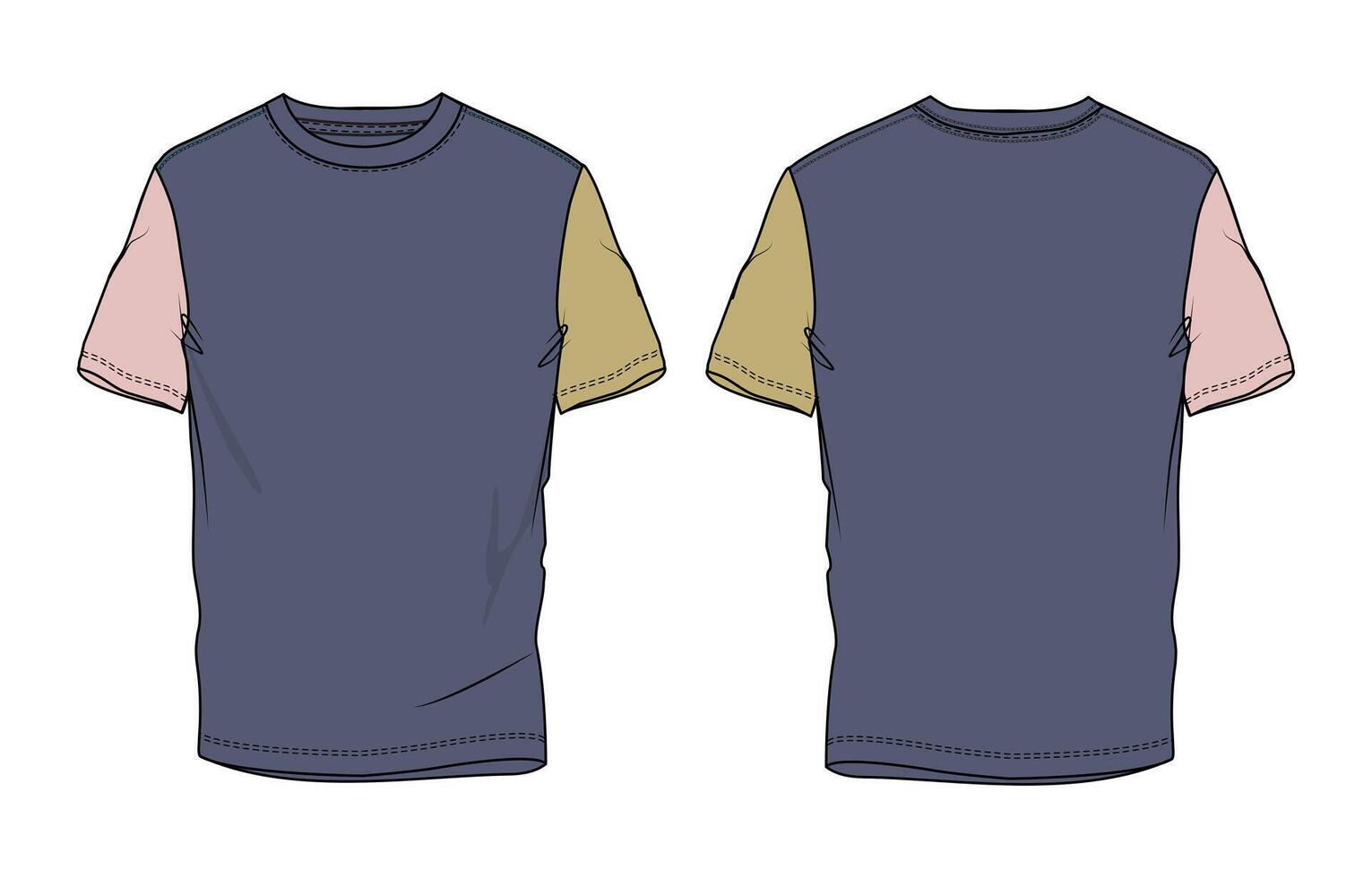 Navy color t shirt front and back with different color sleeve isolated on white background vector