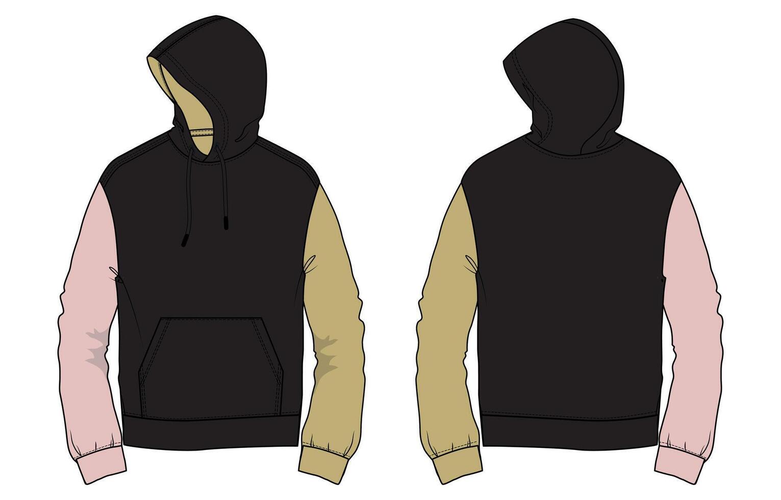 Long sleeve black color hoodie with different color sleeve isolated on white back vector