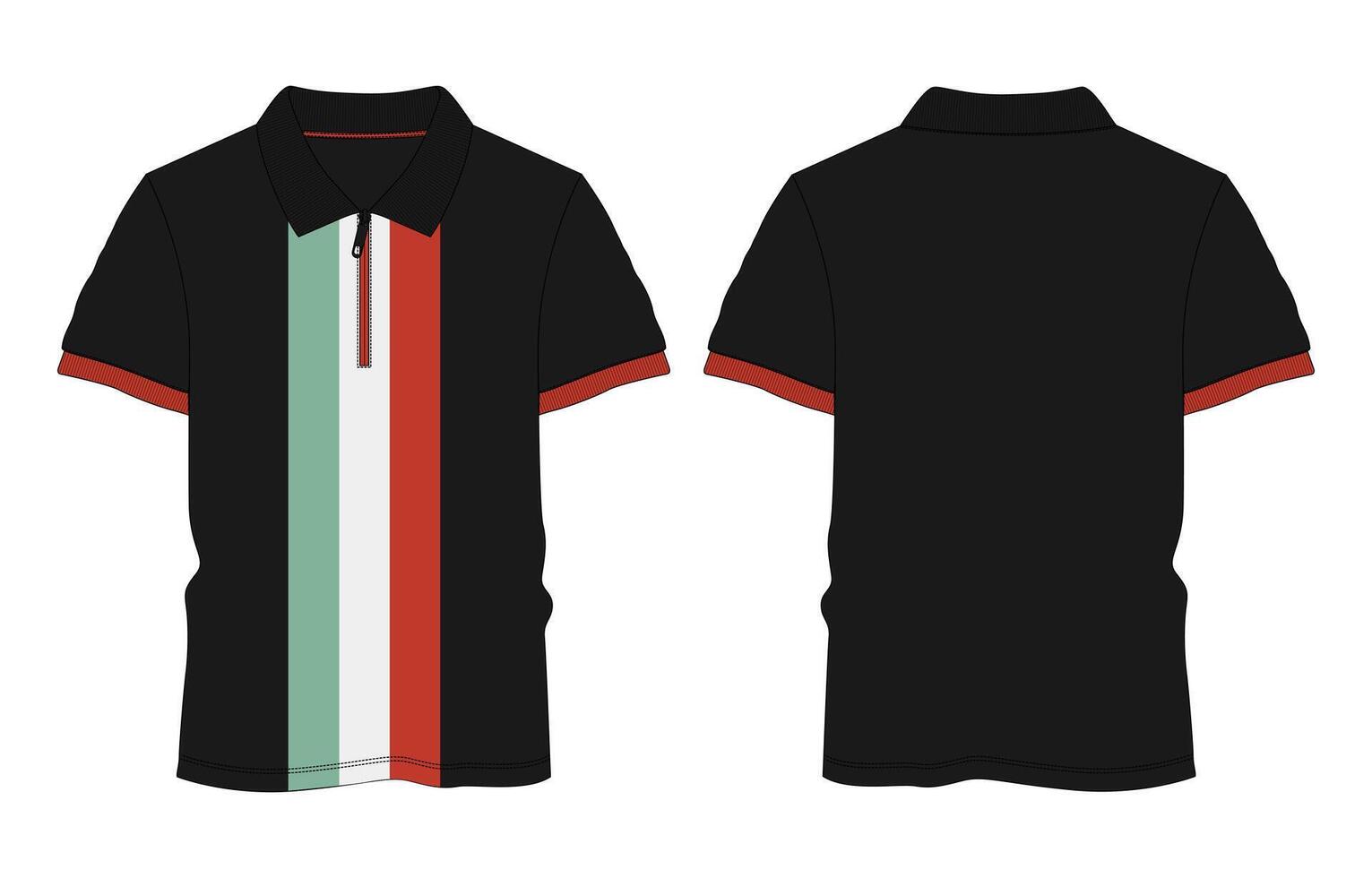 Short sleeve black color polo shirt front and back with colorful stripes on front isolated on white background. front iso vector