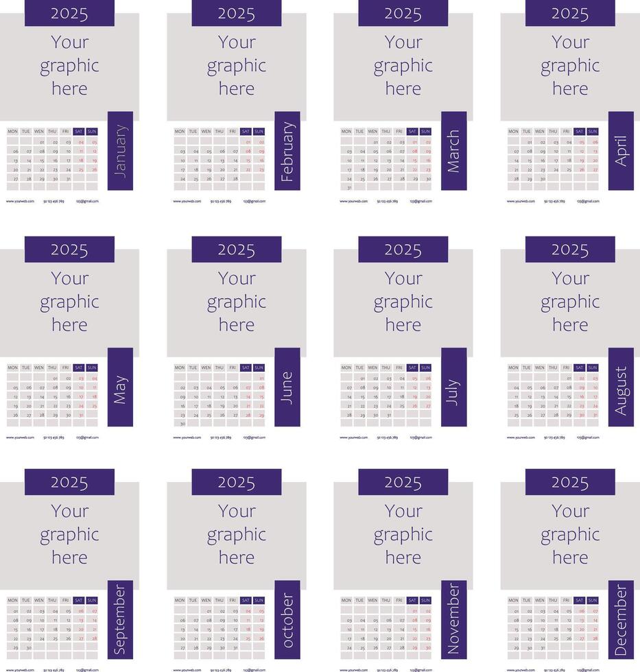 2025 Calendar Template Design Customizable Graphic vector