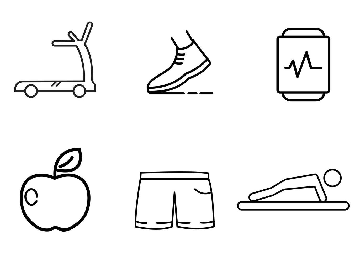 Fitness Icons Treadmill, Shoes, Heart Rate, Apple, Shorts, PushUps vector