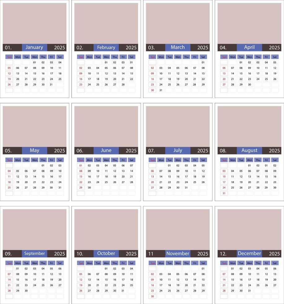 2025 Calendar Grid Monthly Planner Dates vector
