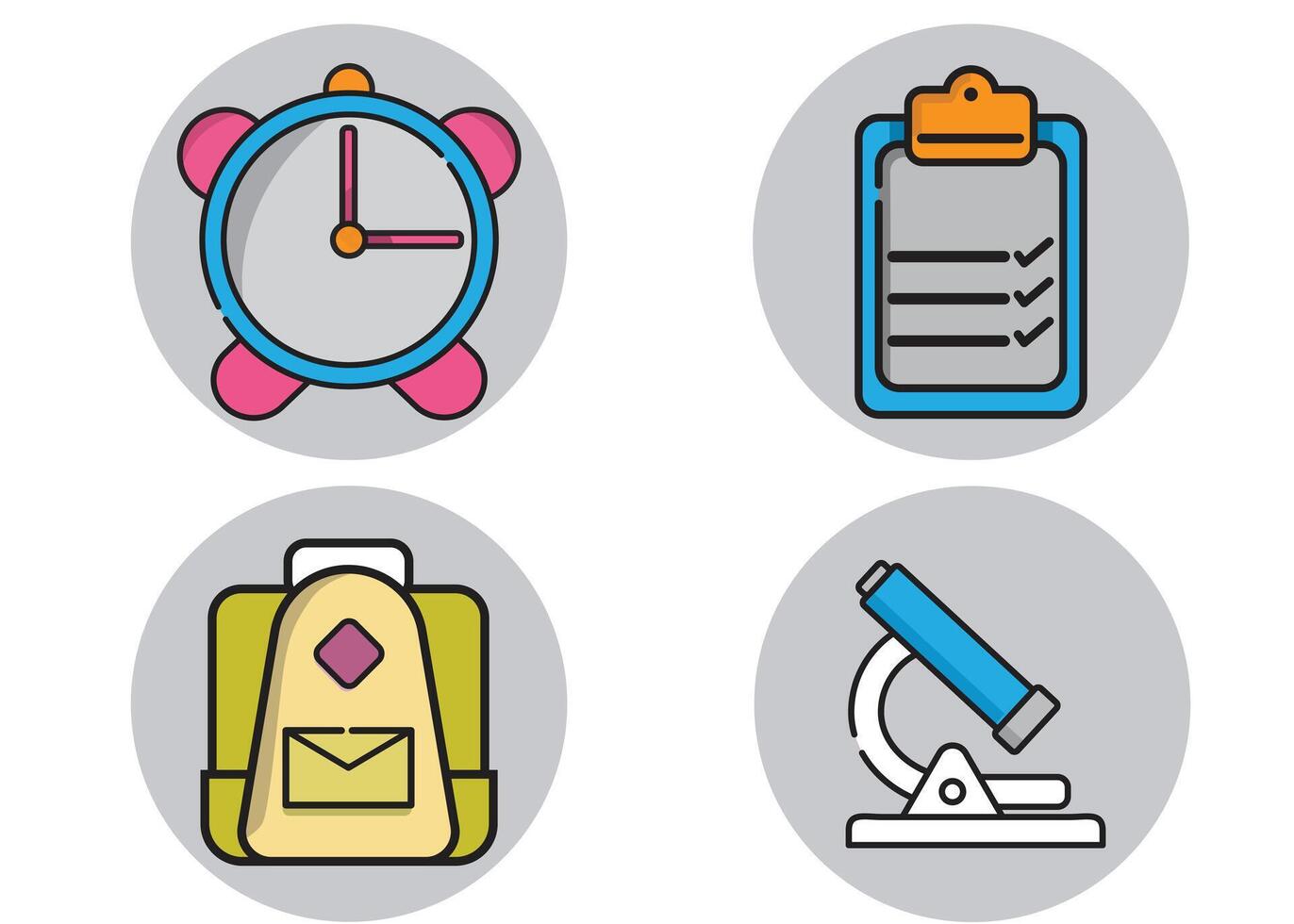 School Supplies Icons Set Clock Checklist Backpack Microscope vector