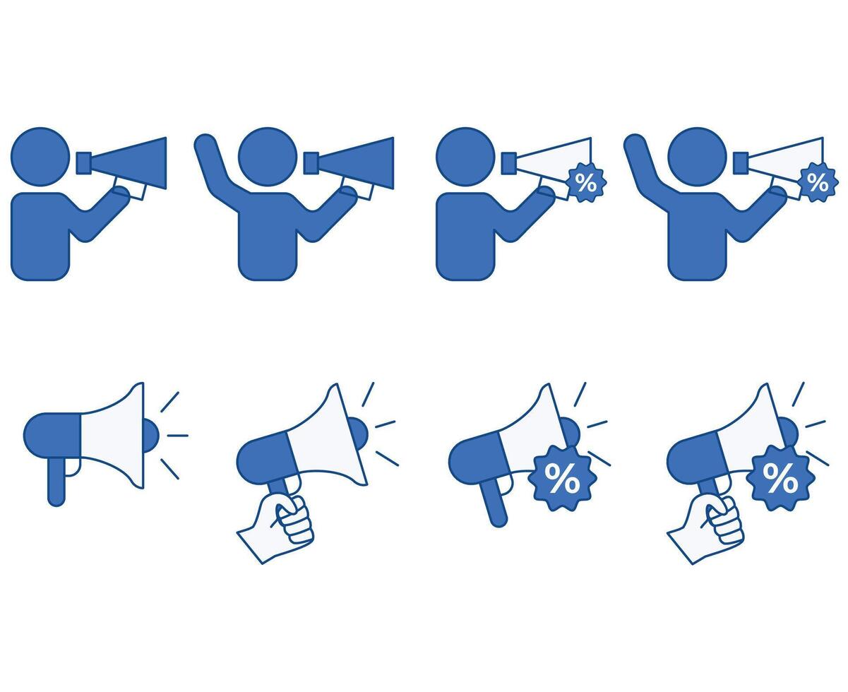 set of megaphone icon communication via loudspeaker containing promotion advertising marketing public communication advert promo campaign vector